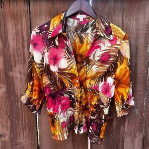 Cache Tropical Floral Sheer Blouse Smocked Waist Size Medium